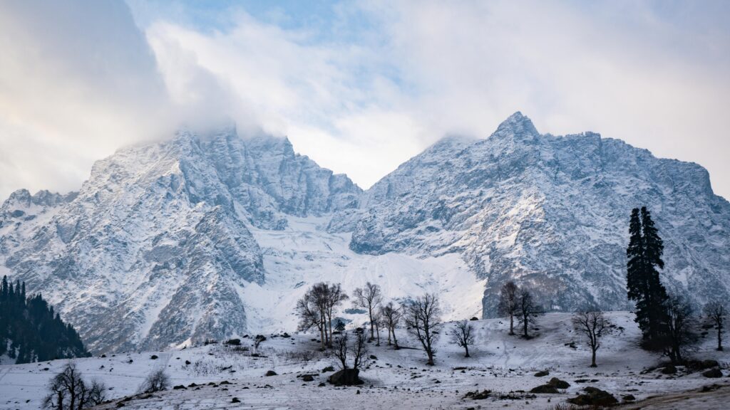 Gondola ride in Gulmarg with snow-covered mountains all around